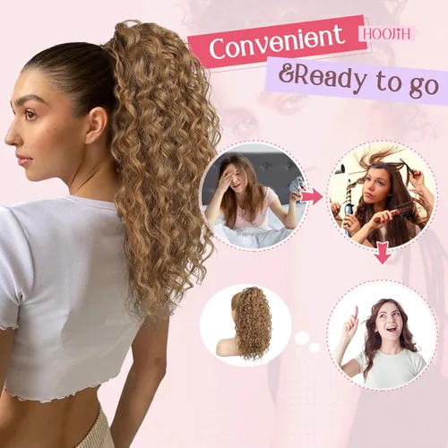 Vista 9 de HOOJIH Extensión de cola de caballo, extensiones de cabello rizado ondulado con cordón, extensiones de cola de caballo falsas extra esponjosas Rubio