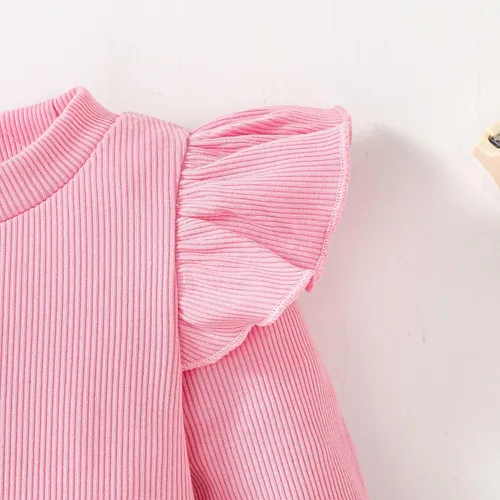 Vista 4 de OPAWO Camisetas de manga larga y corta con volantes para niña, blusa acanalada para niña, ropa para bebé, paquete de 2 unidades de 1 a 6 años