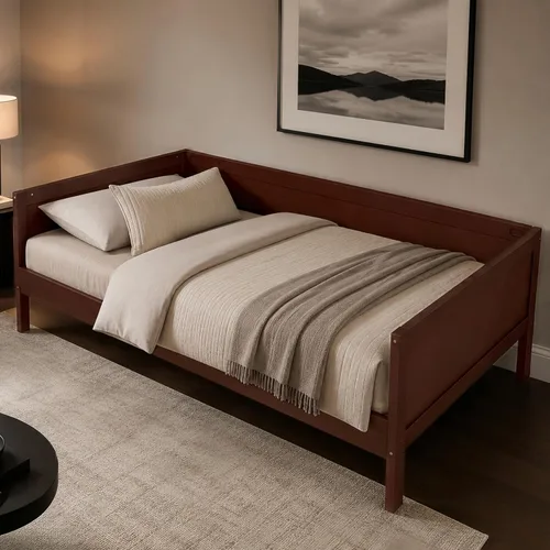 Vista 7 de Marco de sofá cama de madera de tamaño individual con rieles de 3 lados y Walnu Oscuro