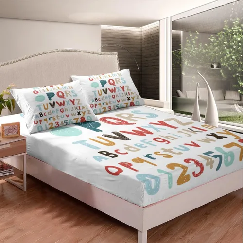 Vista 2 de Erosebridal Juego de ropa de cama con diseño del alfabeto para niños, bolsillo profundo, sábana bajera ajustable con patrón digital para niños