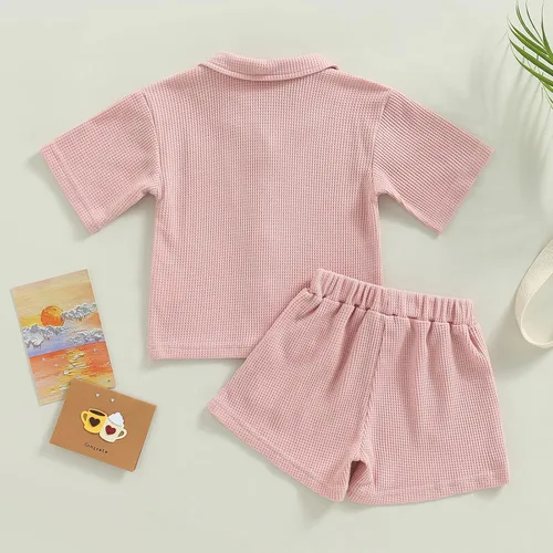 Vista 4 de Mubineo Pantalones cortos básicos de verano para bebés y niñas pequeñas, camisa con botones, ropa