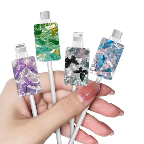Vista 10 de Bonito protector de cable floral para cargador de iPhone, patrón de lavanda, camelia, girasol, ramo de flores, encaje, cerezo en flor, set de 6