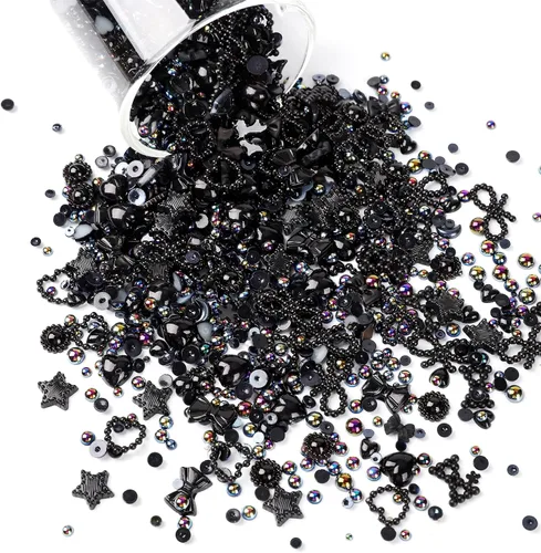 Vista 3 de 450 piezas de dijes de uñas de perlas 3D negras de múltiples formas, dijes de perlas planas de COOSLIM, corazones, moños, estilos mixtos, estrellas