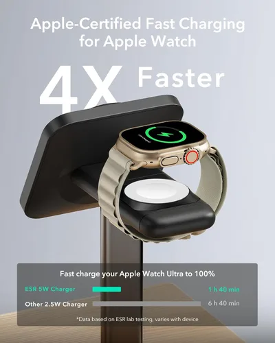 Vista 2 de ESR Estación de carga inalámbrica 3 en 1 para Apple [certificado], cargador portátil para Apple Watch y soporte de cargador MagSafe, cargador
