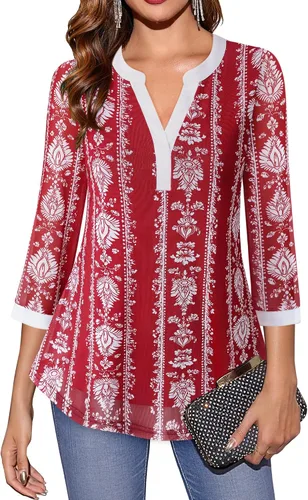Vista 19 de Timeson - Blusas de manga de 3/4 para mujer, estilo casual, con cuello en V, camisas largas de vestir de doble capa, de malla Negro