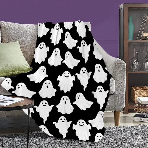 Vista 5 de Jbralid Manta de Halloween divertida con fantasma, lindo y espeluznante de Halloween, manta de franela ligera y acogedora para dormitorio, sala