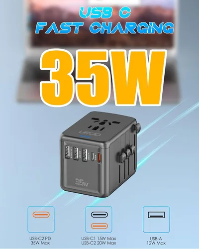 Vista 2 de Adaptador de viaje universal con carga rápida USB-C PD de 35 W, 5 puertos USB C/A, salida de CA de 2500 W, adaptador de corriente internacional