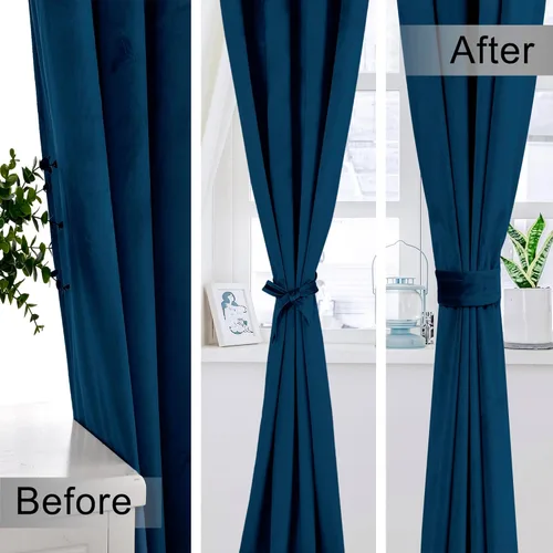 Vista 2 de XWZO Cortinas de terciopelo azul de 63 pulgadas de largo, elegantes cortinas de lujo suaves para sala de estar, aislamiento térmico, oscurecimiento