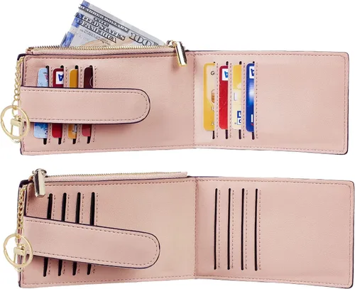 Vista 4 de Chelmon Billetera delgada con bloqueo RFID para mujer, con bolsillo con cremallera, Rosa Champán, Minimalista