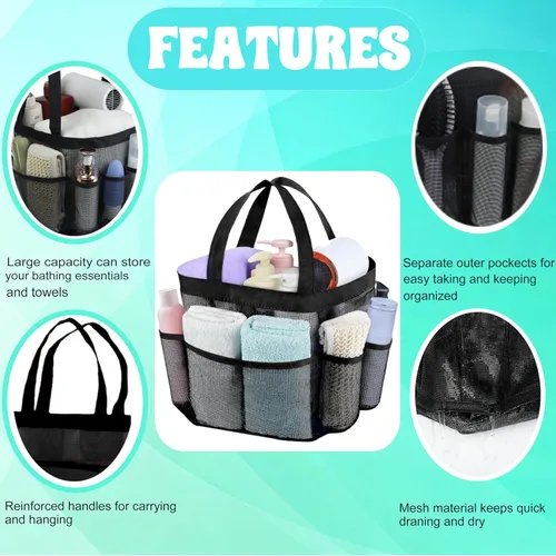 Vista 3 de Attmu Organizador de ducha de malla portátil, de secado rápido, bolsa de ducha colgante para dormitorio universitario, artículos esenciales de gran