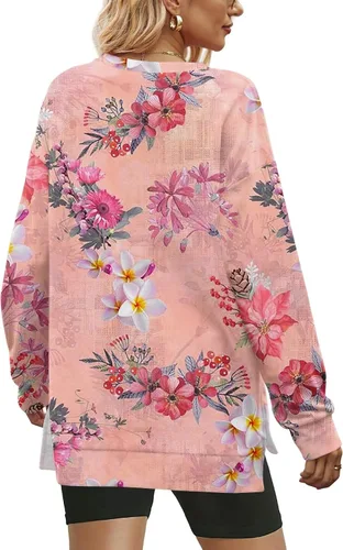 Vista 4 de Sudaderas con cuello redondo para mujer, con estampado gráfico, vintage, con abertura lateral, ligeras, sin botones