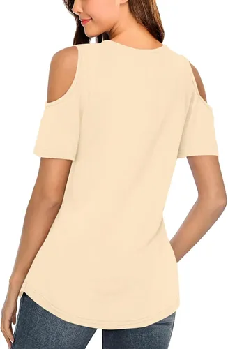 Vista 2 de Minetom - Camisetas básicas de verano para mujer, de manga corta, con hombros descubiertos y cuello en V