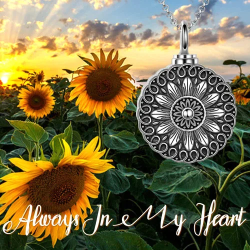 Vista 18 de Collar de urna de girasol de plata de ley para cenizas, joyería de cremación de flores rosas para cenizas