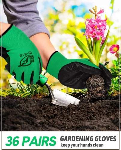 Vista 3 de Honeydak 36 pares de guantes de jardinería para hombres y mujeres, guantes de jardín con revestimiento de goma transpirable