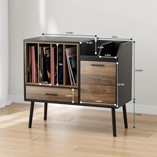 Vista 2 de Soporte para tocadiscos con almacenamiento de discos de vinilo, soporte para tocadiscos con armario de almacenamiento con capacidad para hasta 250