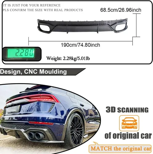Vista 4 de Difusor de parachoques trasero de fibra de carbono para Audi RS Q8 RSQ8 Base Sport Utility 4 puertas 2021-2023 Protector de cenefa de borde