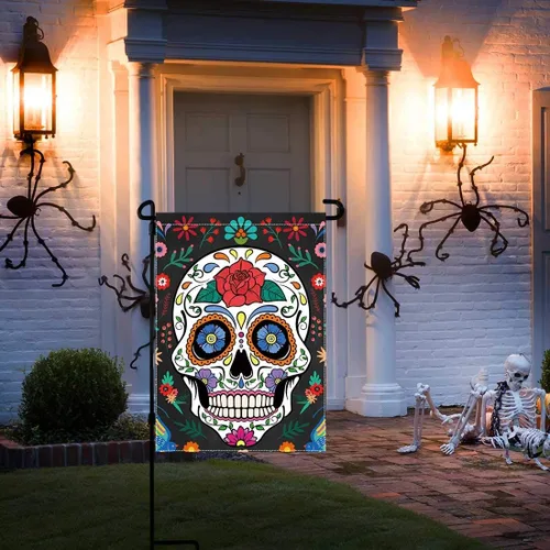 Vista 4 de Allenjoy Bandera de Día de los Muertos para exteriores, vertical, mexicana, fiesta, casa, césped, patio, porche, patio, decoración al aire libre, 12