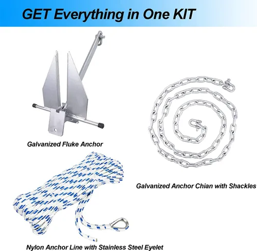 Vista 2 de Young Marine El kit de anclaje galvanizado estilo Fluke incluye anclaje galvanizado Fluke, cuerda, grilletes, cadena de 8 libras, 10 libras, 13
