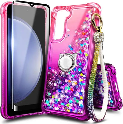 Vista 18 de Funda compatible con Samsung Galaxy S24-FE Aqua/Purple Funda líquida flotante con purpurina linda con protector de pantalla de vidrio templado