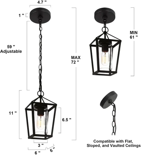 Vista 5 de classy leaves Lámpara colgante al aire libre para porche, luz colgante negra con vidrio transparente, moderna jaula de metal de granja, cadena