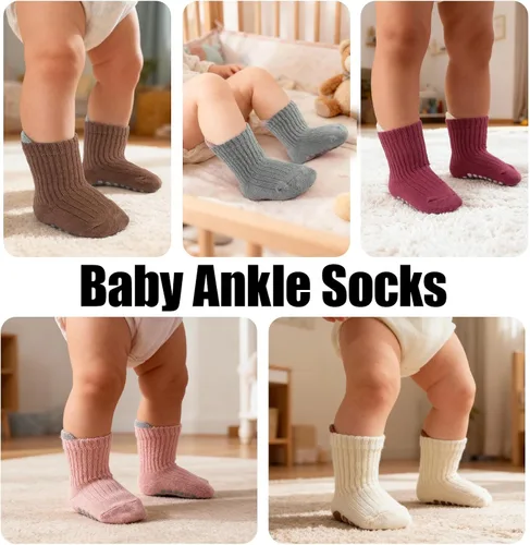 Vista 5 de 8 Pairs Baby Toddler Socks Non-Slip Grip Socks for Boys Girls Newborn Infant Baby Cotton Crew Sock with Grips 0-5T