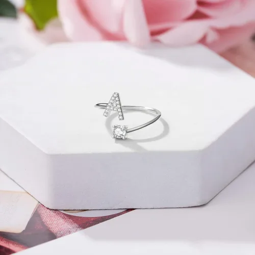 Vista 4 de Haoze - Anillo de letras iniciales para mujeres y niñas anillo de plata ajustable y apilable de letras anillo ajustable con incrustaciones