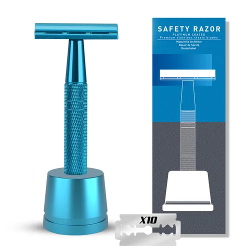 Vista 15 de Maquinilla de afeitar de seguridad azul, navajas de una sola hoja para hombres Reusable Metal Razor, with 10 Platinum Coated Double Edge Blades