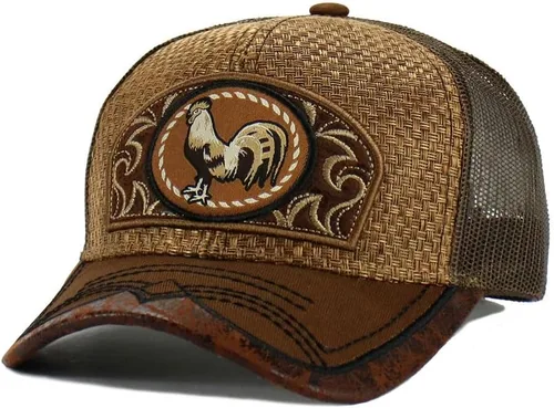 Vista 3 de Gorra de béisbol curvada de malla de camionero bordada estilo occidental de México con diseño de gallo