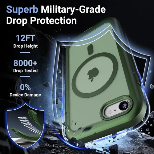 Vista 3 de Magnetic for iPhone SE 3rd&2nd Case with Screen Protector-Army Green