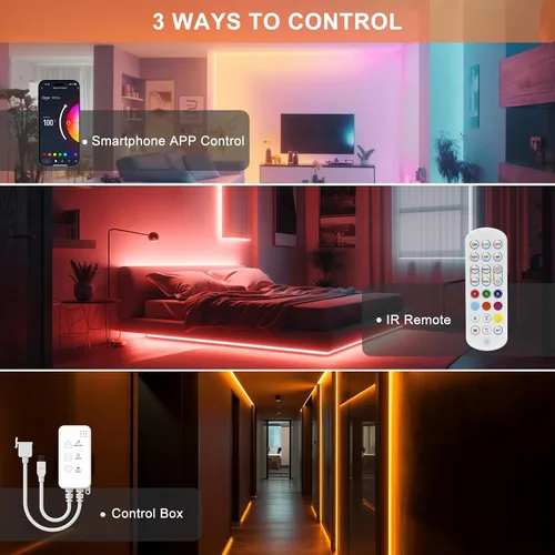 Vista 2 de MIWISE Regulador de intensidad para tira de luz LED RGB COB, con aplicación, sincronización de música y control remoto IR para actualizar la tira