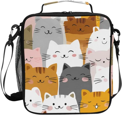 Vista 35 de Lonchera con patrón de cuadros blancos y negros, bolsa de almuerzo aislada, bolsa de preparación para niños, correa de hombro congelable a001