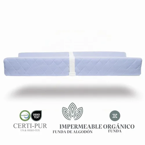 Vista 2 de Cambiador de bebé contorneado de algodón orgánico con colchón de espuma impermeable, incluye funda suave, extraíble y lavable, correa de seguridad