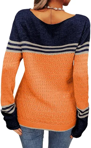 Vista 4 de Danedvi - Suéteres sin botones de color para mujer cuello redondo a rayas de ajuste delgado para otoño e invierno