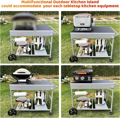 Vista 9 de Mesa de carrito de horno de pizza y estación de cobertura para Ooni Koda/Karu/Fyra 16 y 12, carrito de cocina móvil grueso y ensanchado, soporte