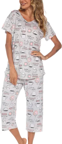 Vista 2 de ENJOYNIGHT Conjunto de pijama de algodón para mujer, parte superior de manga corta y pantalones capri, ropa de dormir de 2 piezas