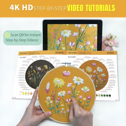 Vista 4 de ETSPIL Kit de bordado para adultos y adolescentes, paquete de 4 muestrarios florales, 2 aros ajustables, tela preimpresa, 17 hilos vibrantes, 16