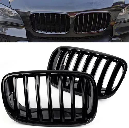 Vista 23 de Parrilla de riñón para parachoques delantero, color negro brillante, compatible con BMW X5 E70 X6 E71 2007-2014 doble listón doble línea