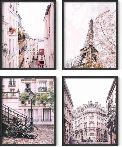 Vista 11 de HAUS AND HUES Decoración de pared de París rosa, juego de 4 impresiones artísticas de París, decoración estética de París para dormitorio o baño