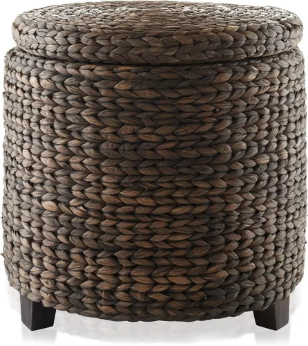 Vista 4 de Casafield Otomana de Almacenamiento Redonda de 17" con Tapa - Espresso, Reposapiés de Jacinto de Agua Tejido a Mano para Sala de Estar, Dormitorio