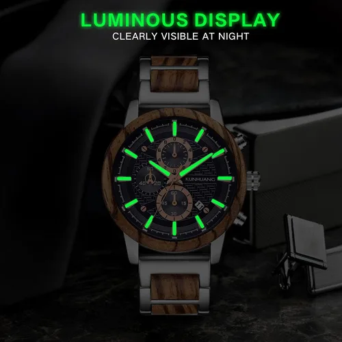 Vista 4 de Relojes de madera para hombre, cronógrafo de cuarzo multifuncional y reloj de pantalla de fecha para hombre, reloj de pulsera de madera hecho a