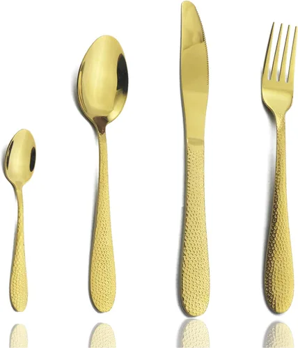Vista 8 de JASHII Juego de cubiertos de acero inoxidable martillado de 16 piezas servicio de utensilios de alimentación para 4, vajilla moderna juego de Negro