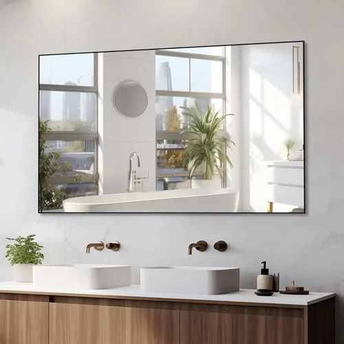 Vista 19 de Espejo de pared con estante para baño, 28 x 18 pulgadas, marco negro, espejos de pared para colgar horizontal o vertical, espejos modernos de pared