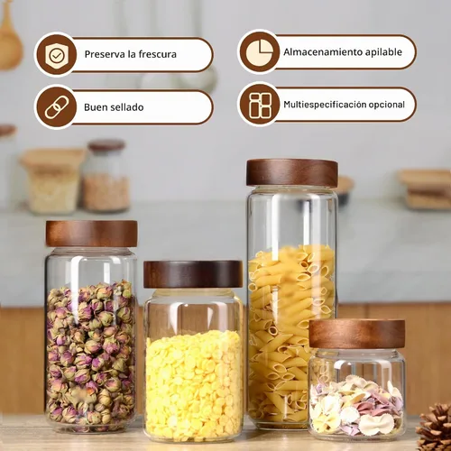 Vista 4 de Tarro de vidrio de 13.5 fl oz/400 ml con tapa de rosca de madera hermética, recipiente de almacenamiento de alimentos transparente apilable pequeño