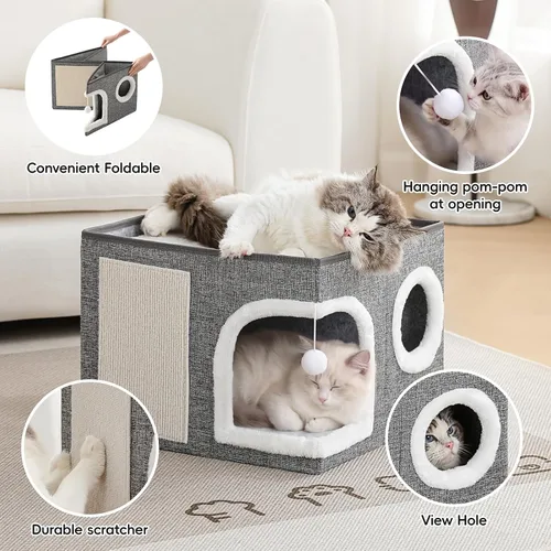 Vista 3 de Camas para gatos de interior, cama grande para gatitos con Gris