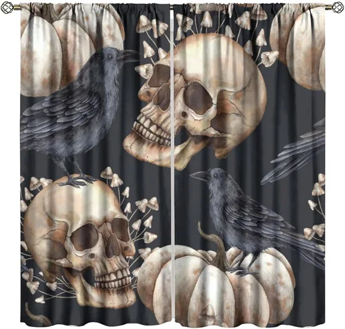 Vista 9 de Cortinas góticas rústicas con estampado de cuervo de bosque brumoso, rama, luna, bolsillo para barra, cortinas de ventana para dormitorio, sala