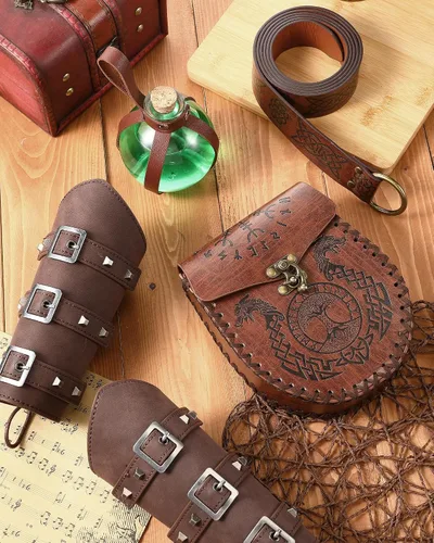 Vista 6 de Ramede 5 piezas de accesorios renacentistas de Halloween, cinturón vikingo medieval en relieve, bolsa de cinturón con hebilla, brazos, botella