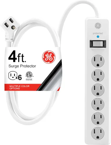 Vista 9 de GE Protector contra Sobretensiones con Regleta de Enchufes, Cable de Extensión de 4 Pies, Extensor de 6 Tomas, 800 Julios, Enchufe Plano, Cubiertas