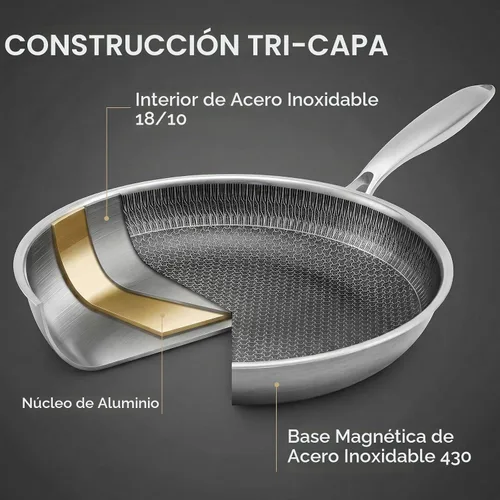 Vista 2 de Sartén de acero inoxidable de 11 pulgadas, sartén de panal de abeja 18/10 de 3 capas, compatible con inducción, sartén de acero inoxidable apta