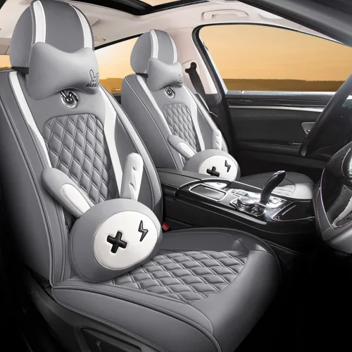 Vista 7 de Juego de fundas para asiento de lindo conejito, 5 piezas con cuero PU impermeable para autos, SUV, camionetas, ajuste universal (Beige)