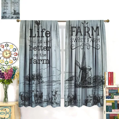 Vista 3 de Cortinas rústicas para ventana, molino de viento de granja, vaca, decoración del hogar, cortinas con estampado de animales de campo occidental